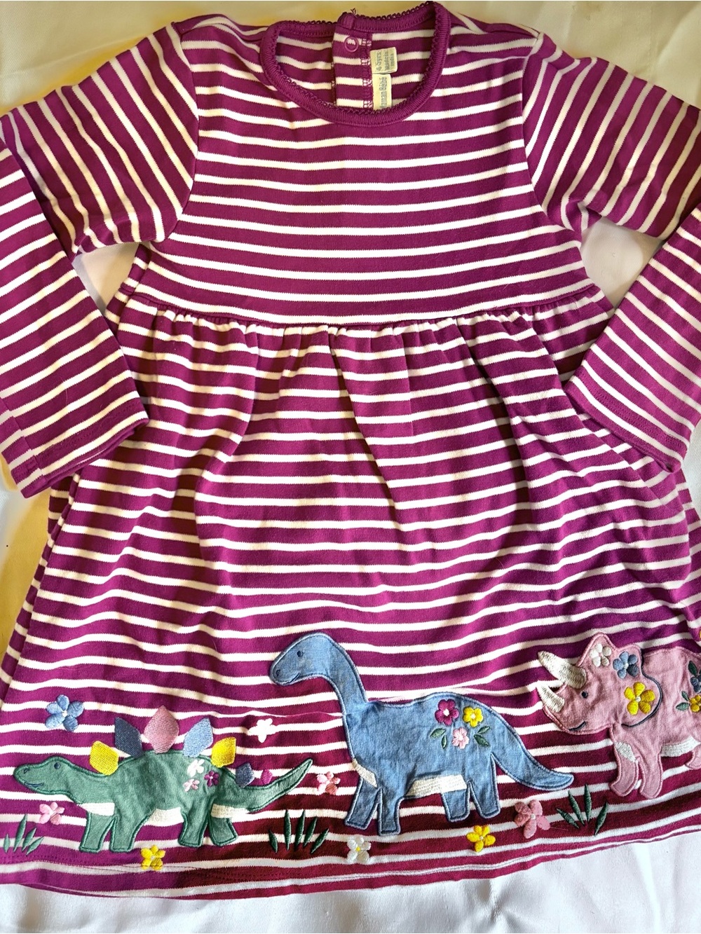 Jojo Maman Bèbè Magenta, White Striped A Line Dinosaur Dress Size 4/5